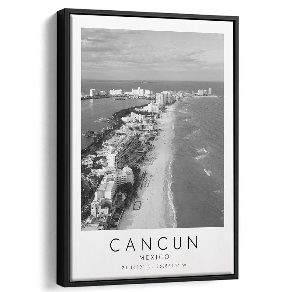 Cancun Mexico Black And White Art Framed Canvas Prints Wall Art Home Decor, Floating Frame