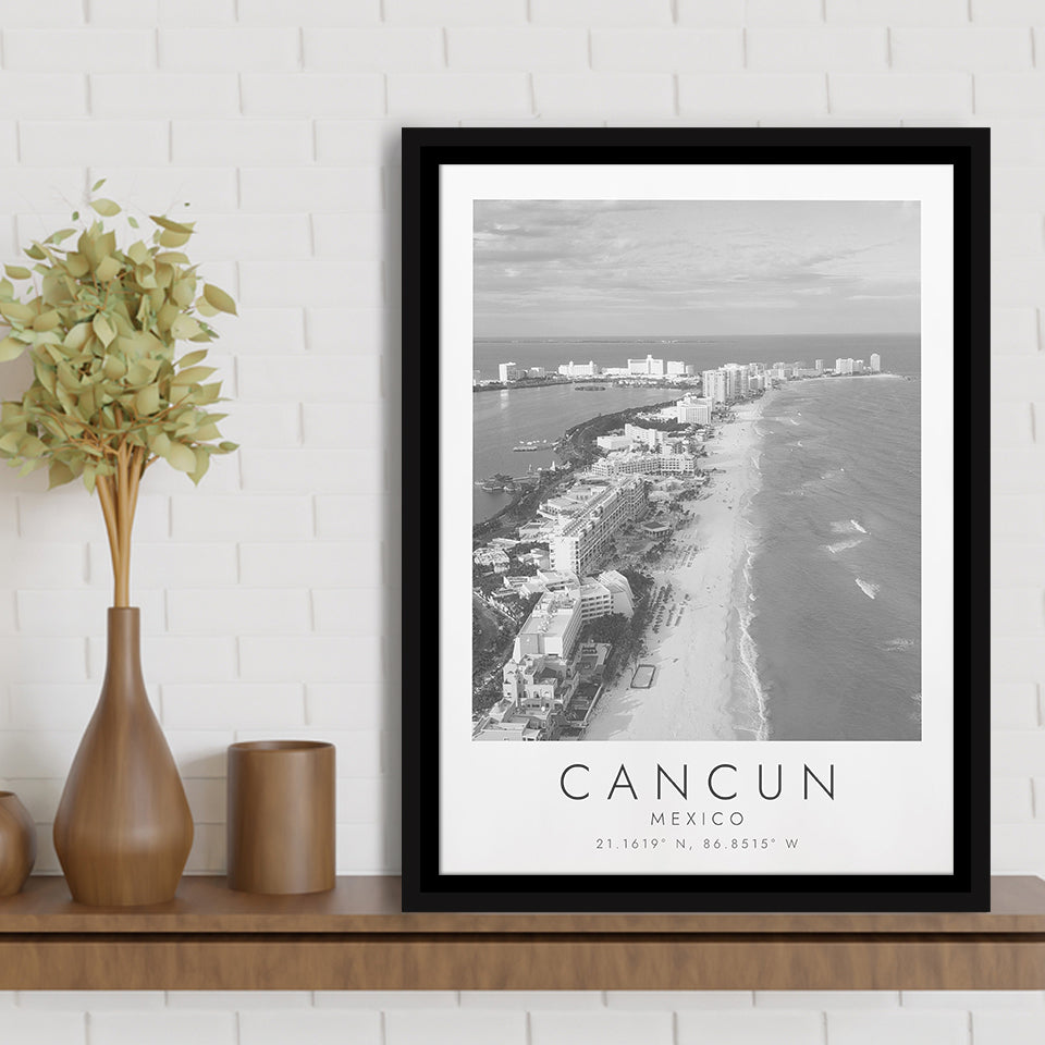 Cancun Mexico Black And White Art Framed Canvas Prints Wall Art Home Decor, Floating Frame