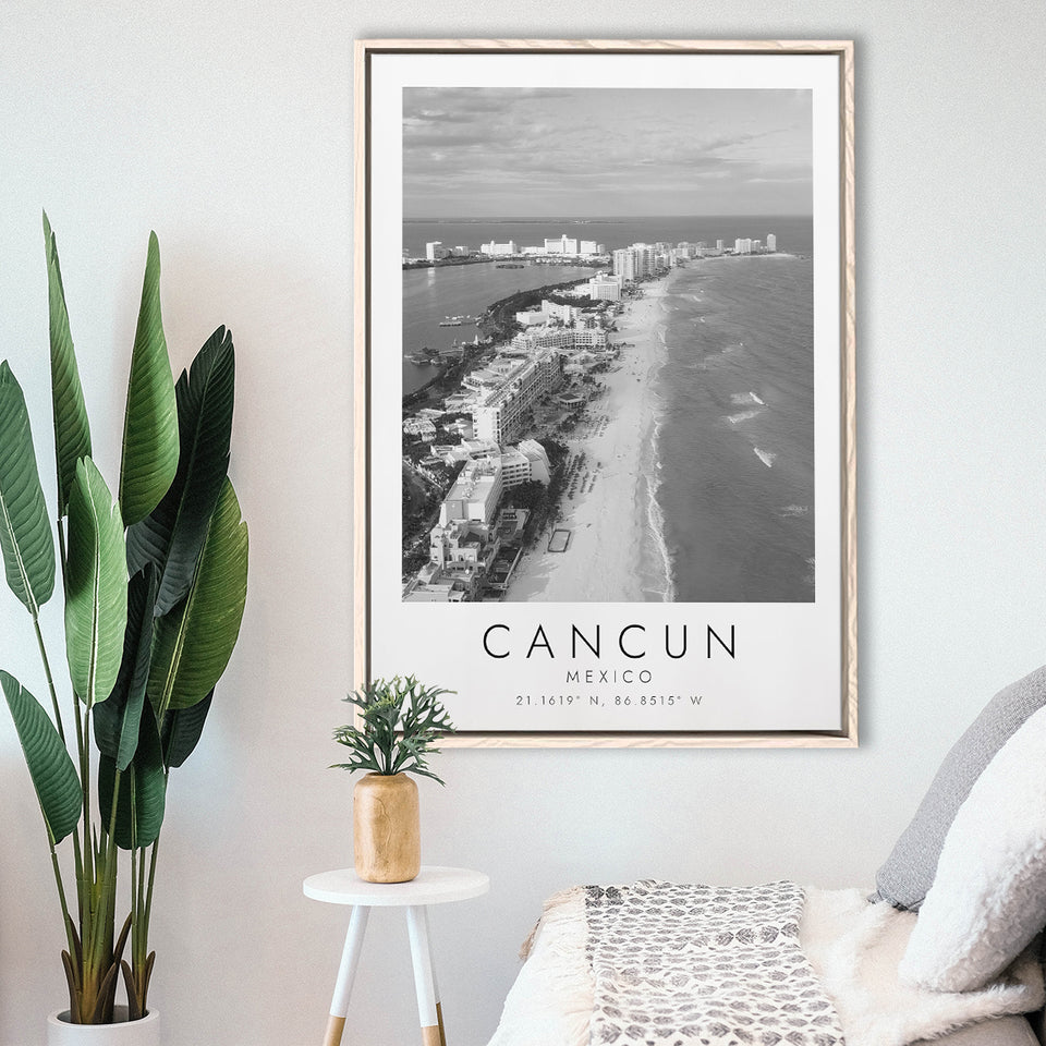 Cancun Mexico Black And White Art Framed Canvas Prints Wall Art Home Decor, Floating Frame