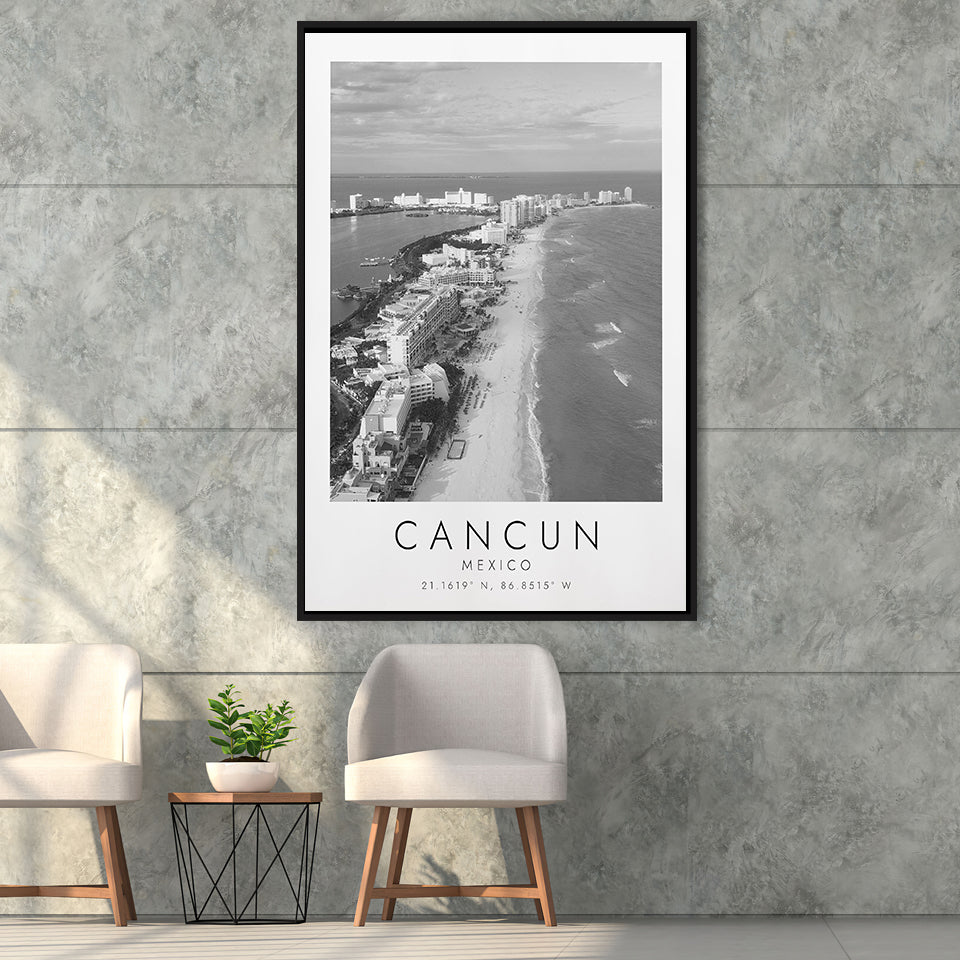 Cancun Mexico Black And White Art Framed Canvas Prints Wall Art Home Decor, Floating Frame