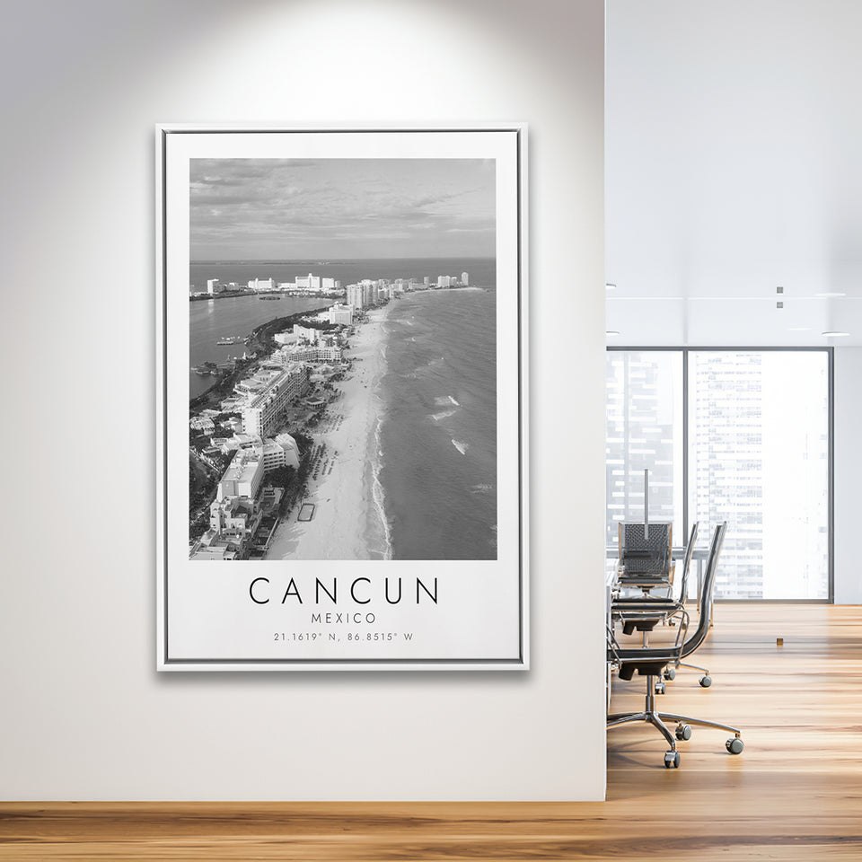 Cancun Mexico Black And White Art Framed Canvas Prints Wall Art Home Decor, Floating Frame