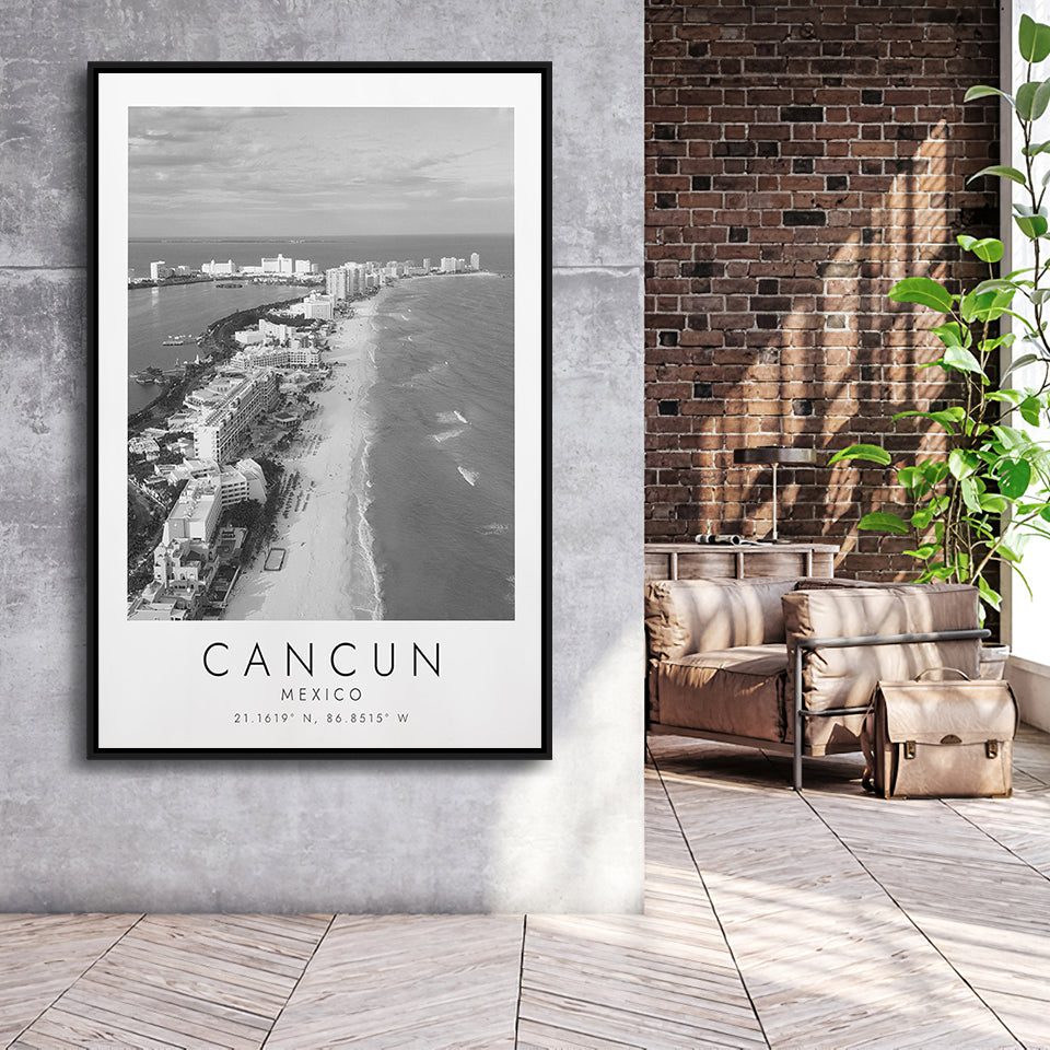 Cancun Mexico Black And White Art Framed Canvas Prints Wall Art Home Decor, Floating Frame
