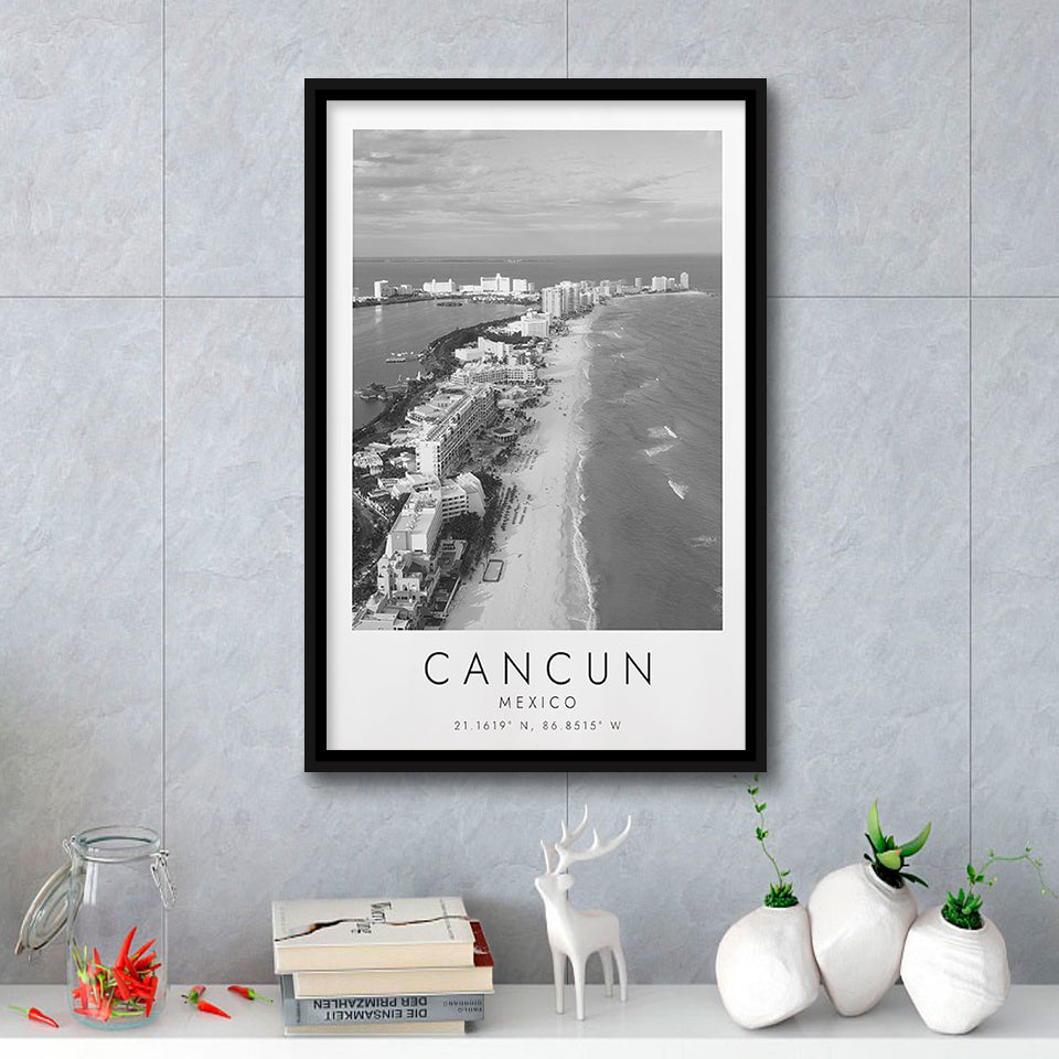 Cancun Mexico Black And White Art Framed Canvas Prints Wall Art Home Decor, Floating Frame