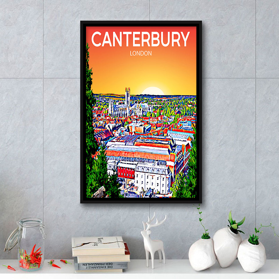Canterbury UK Art Sunset Art Print, Large Canvas, Framed Canvas Print Wall Art Home Decor, Floating Frame