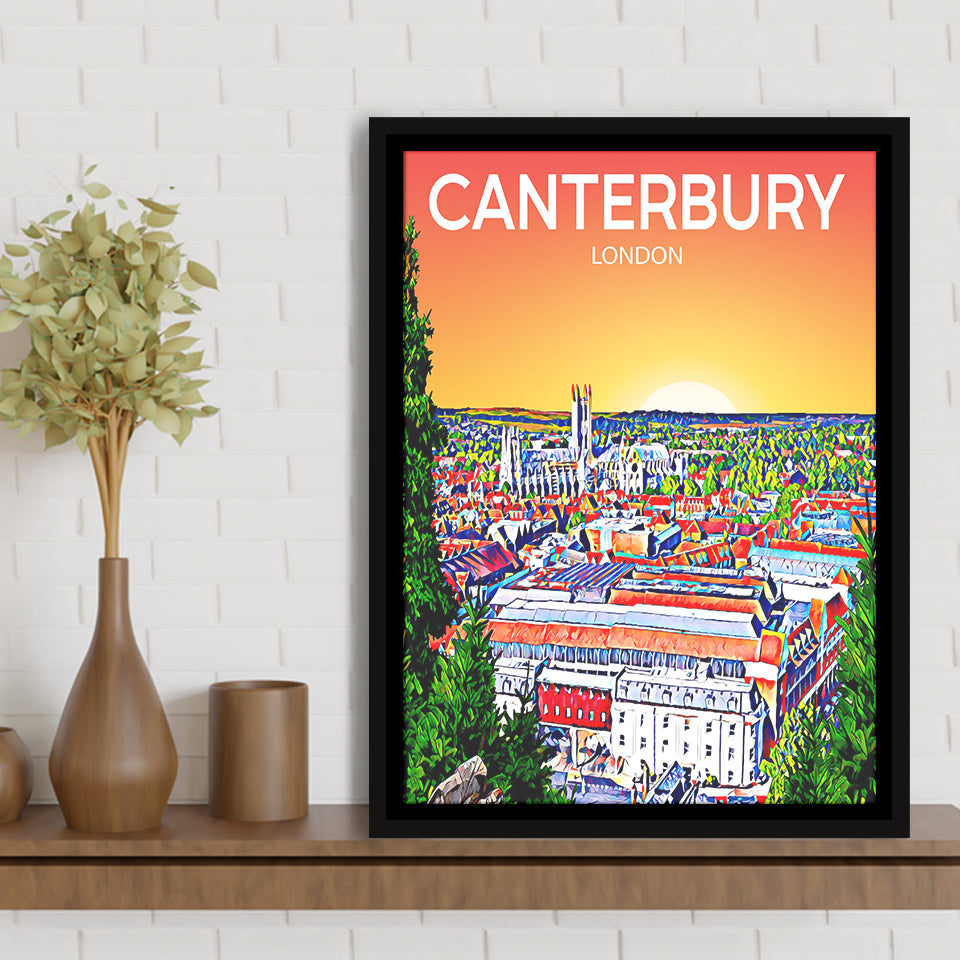 Canterbury UK Art Sunset Art Print, Large Canvas, Framed Canvas Print Wall Art Home Decor, Floating Frame
