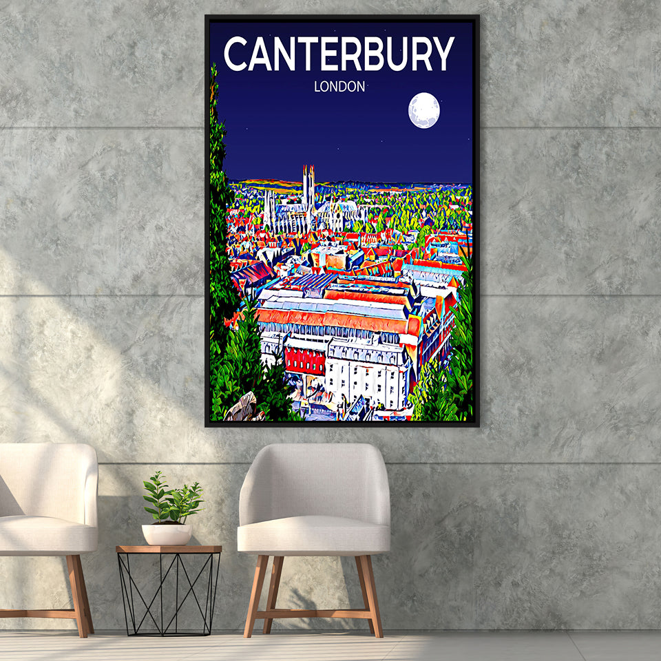 Canterbury UK Art Night Art Print, Large Canvas, Framed Canvas Print Wall Art Home Decor, Floating Frame