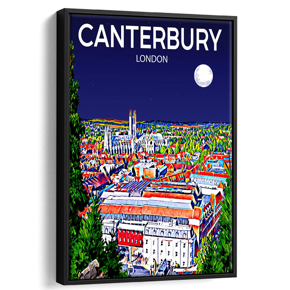 Canterbury UK Art Night Art Print, Large Canvas, Framed Canvas Print Wall Art Home Decor, Floating Frame