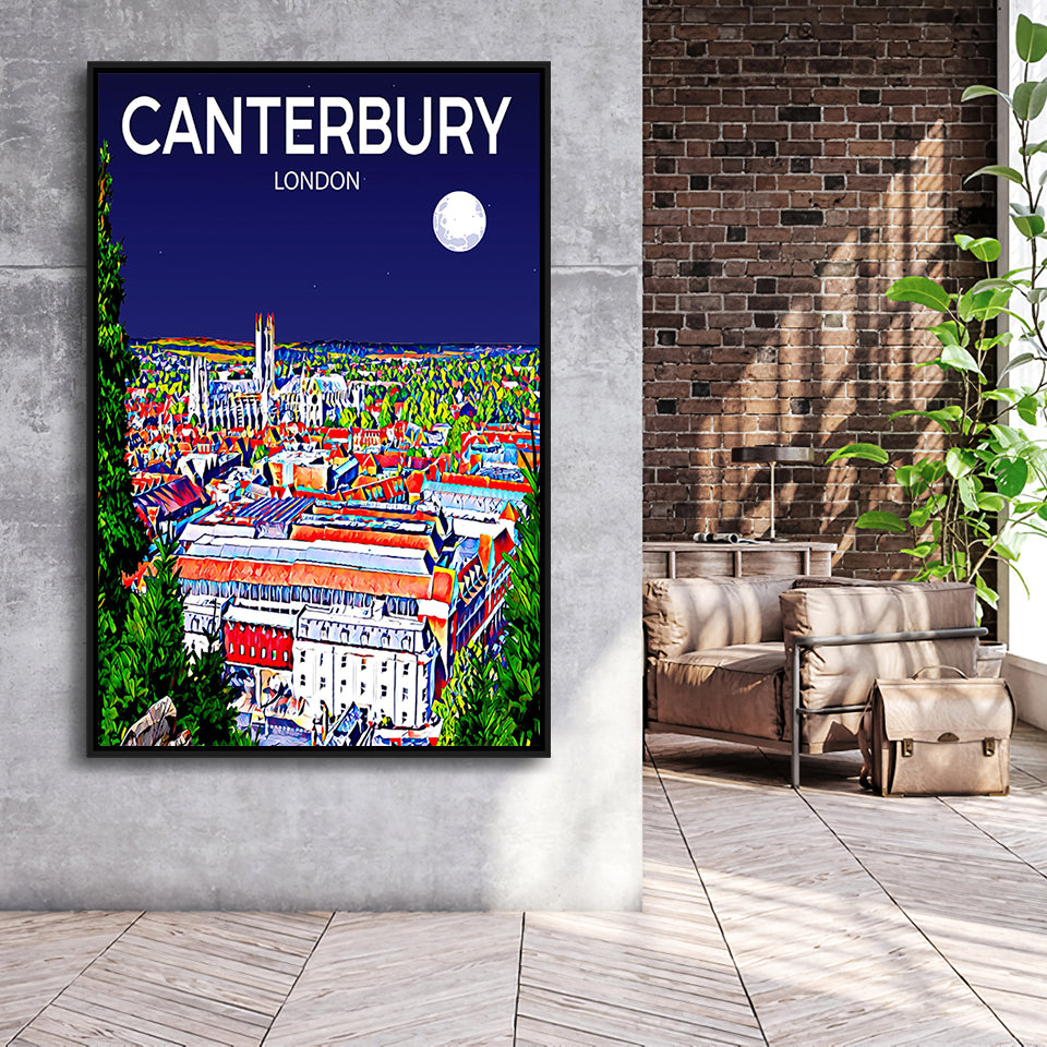 Canterbury UK Art Night Art Print, Large Canvas, Framed Canvas Print Wall Art Home Decor, Floating Frame