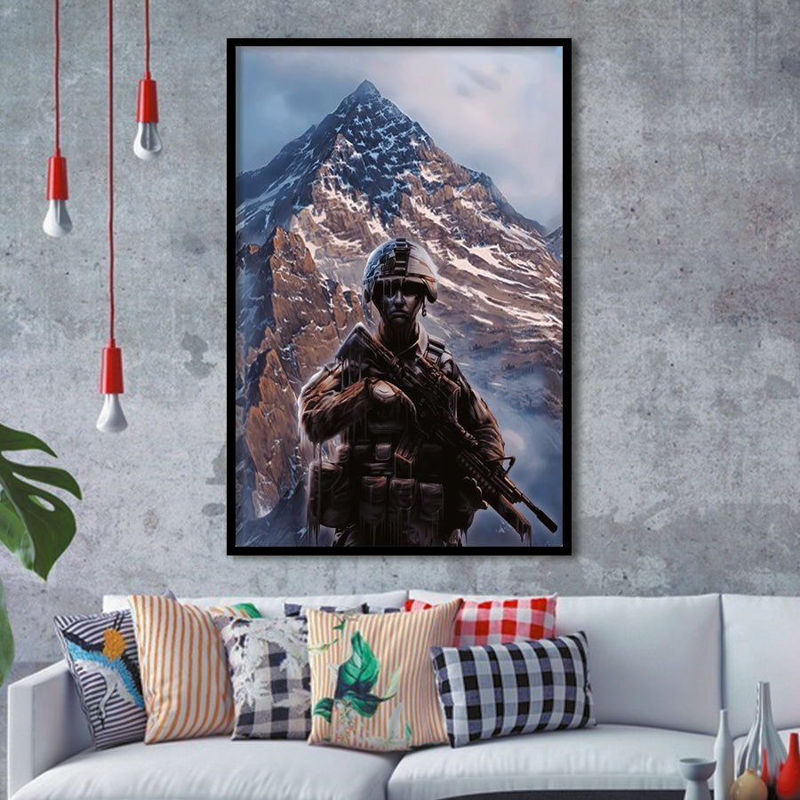 Canvas Gift For Proud Army Veteran American Flag Mountain Framed Framed Art Prints Wall Decor - Painting Prints, Veteran Gift