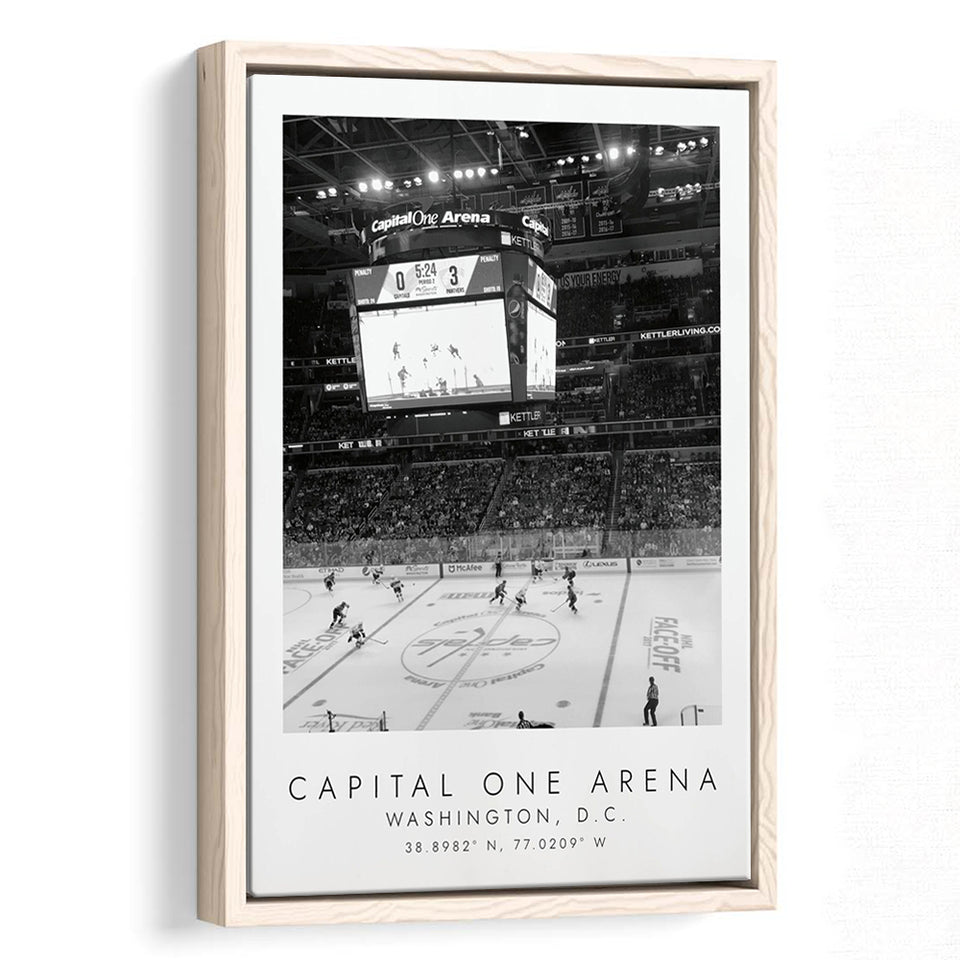 Capital One Arena Washington Capitals Black And White Art Framed Canvas Prints Wall Art Home Decor, Floating Frame