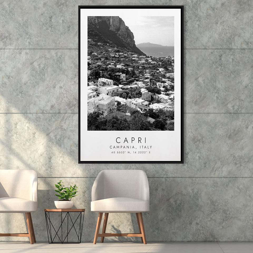 Capri Italy Black And White Art Framed Canvas Prints Wall Art Home Decor, Floating Frame
