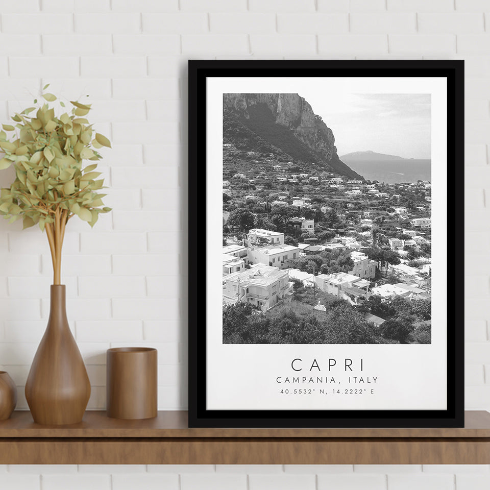Capri Italy Black And White Art Framed Canvas Prints Wall Art Home Decor, Floating Frame