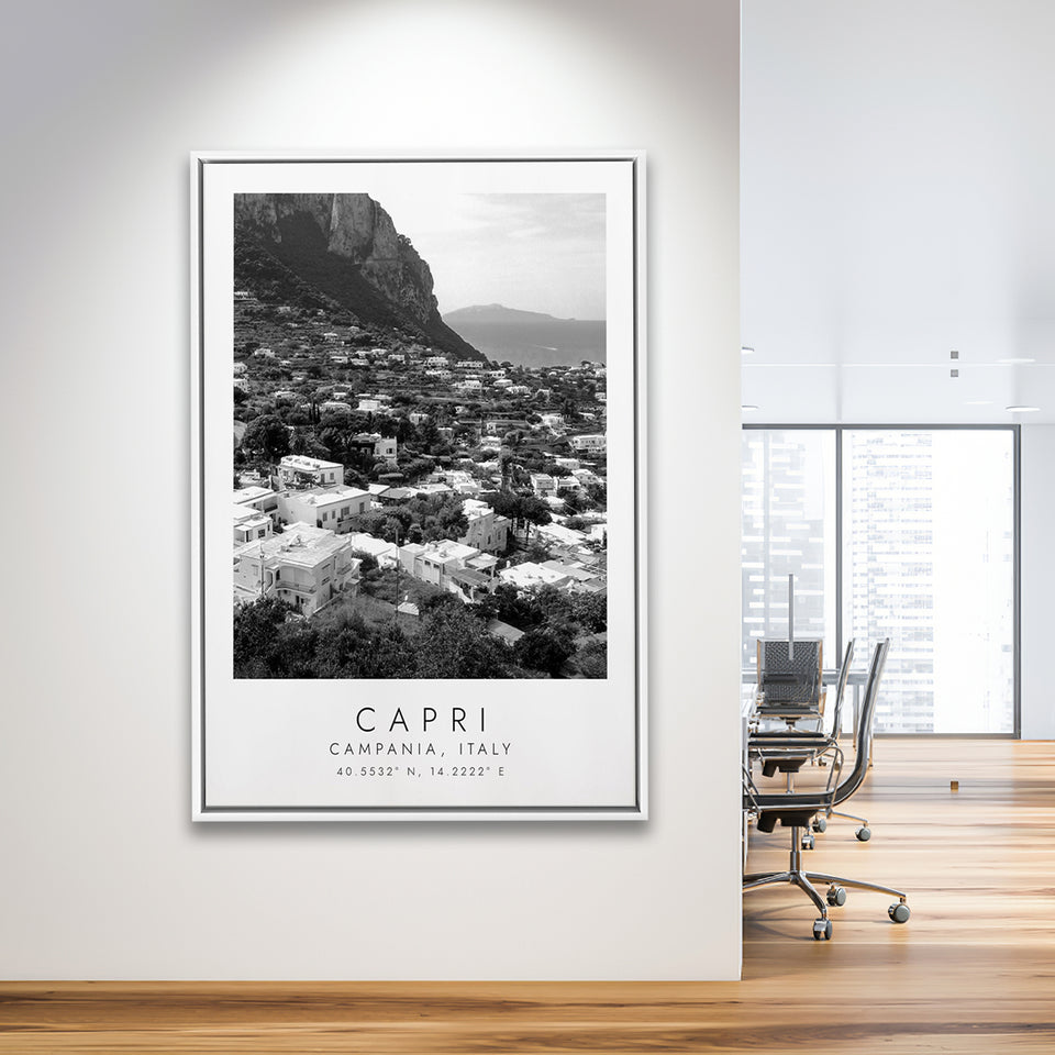 Capri Italy Black And White Art Framed Canvas Prints Wall Art Home Decor, Floating Frame
