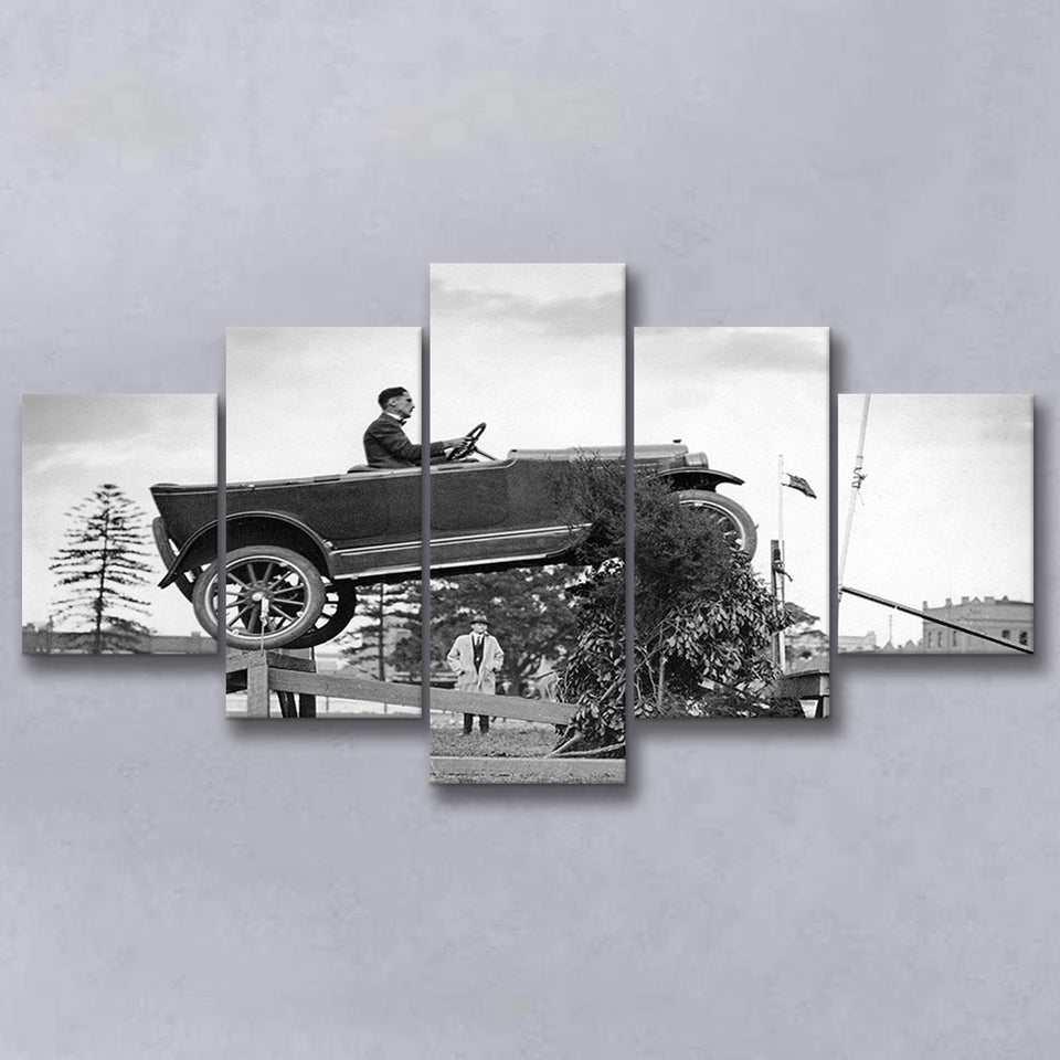 Car Jump Stunt Black And White Print, 1920'S Vintage Car Photo 5 Panels, Canvas Prints Wall Art Decor, Large Canvas Art