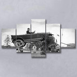 Car Jump Stunt Black And White Print, 1920'S Vintage Car Photo 5 Panels, Canvas Prints Wall Art Decor, Large Canvas Art
