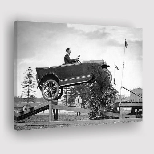 Car Jump Stunt Black And White Print, 1920'S Vintage Car Photo Canvas Prints Wall Art Home Decor