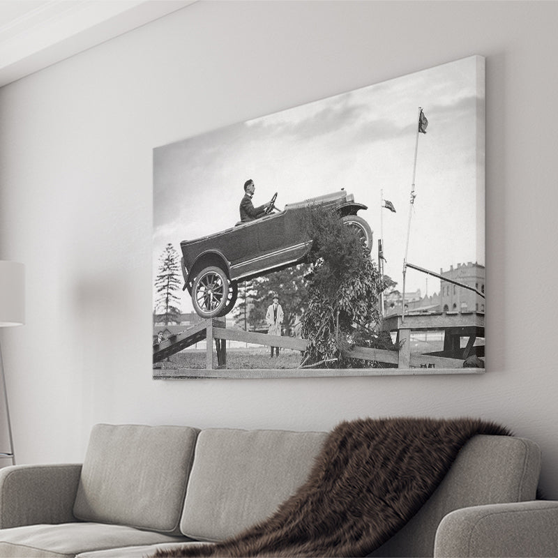 Car Jump Stunt Black And White Print, 1920'S Vintage Car Photo Canvas Prints Wall Art Home Decor