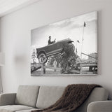 Car Jump Stunt Black And White Print, 1920'S Vintage Car Photo Canvas Prints Wall Art Home Decor