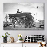 Car Jump Stunt Black And White Print, 1920'S Vintage Car Photo Canvas Prints Wall Art Home Decor