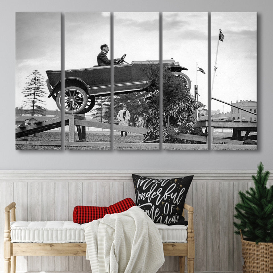 Car Jump Stunt Black And White Print, 1920'S Vintage Car Photo Larger Canvas Art, 5 Piece Canvas Prints Wall Art Decor
