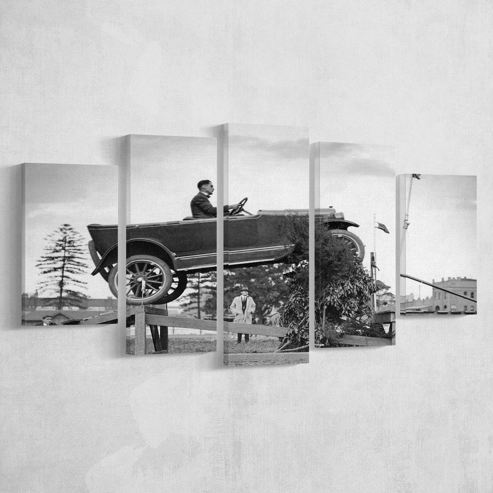 Car Jump Stunt Black And White Print, 1920'S Vintage Car Photo 5 Panels, Canvas Prints Wall Art Decor, Large Canvas Art