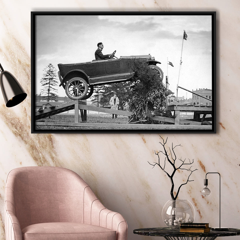 Car Jump Stunt Black And White Print, 1920'S Vintage Car Photo Framed Canvas Prints Wall Art Home Decor,Floating Frame