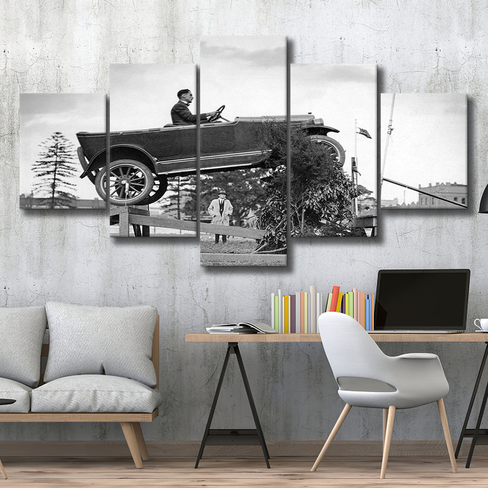 Car Jump Stunt Black And White Print, 1920'S Vintage Car Photo 5 Panels, Canvas Prints Wall Art Decor, Large Canvas Art