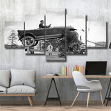 Car Jump Stunt Black And White Print, 1920'S Vintage Car Photo 5 Panels, Canvas Prints Wall Art Decor, Large Canvas Art