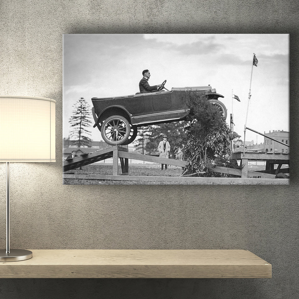 Car Jump Stunt Black And White Print, 1920'S Vintage Car Photo Canvas Prints Wall Art Home Decor