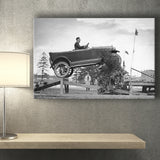 Car Jump Stunt Black And White Print, 1920'S Vintage Car Photo Canvas Prints Wall Art Home Decor