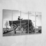 Car Jump Stunt Black And White Print, 1920'S Vintage Car Photo Larger Canvas Art, 5 Piece Canvas Prints Wall Art Decor