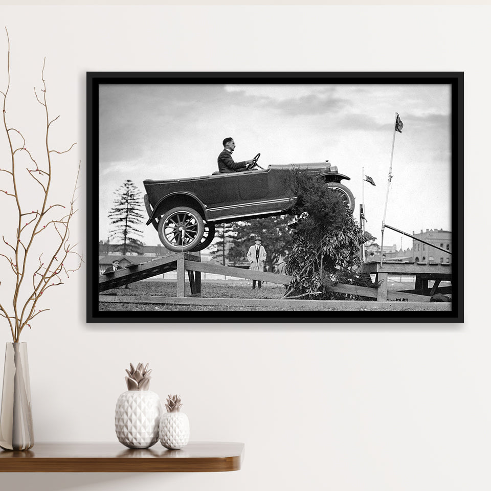 Car Jump Stunt Black And White Print, 1920'S Vintage Car Photo Framed Canvas Prints Wall Art Home Decor,Floating Frame
