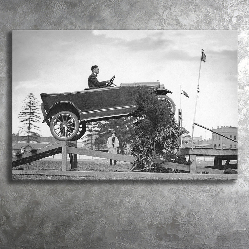 Car Jump Stunt Black And White Print, 1920'S Vintage Car Photo Canvas Prints Wall Art Home Decor