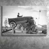 Car Jump Stunt Black And White Print, 1920'S Vintage Car Photo Canvas Prints Wall Art Home Decor
