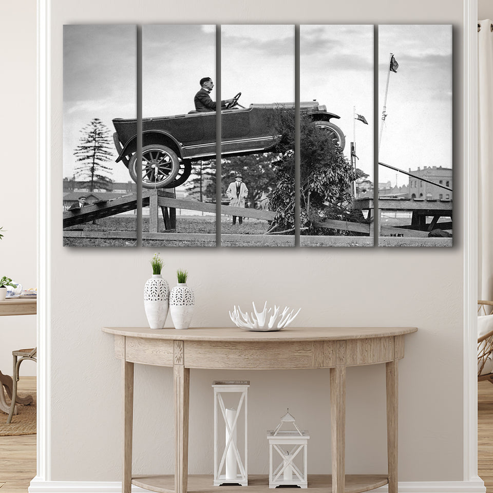 Car Jump Stunt Black And White Print, 1920'S Vintage Car Photo Larger Canvas Art, 5 Piece Canvas Prints Wall Art Decor