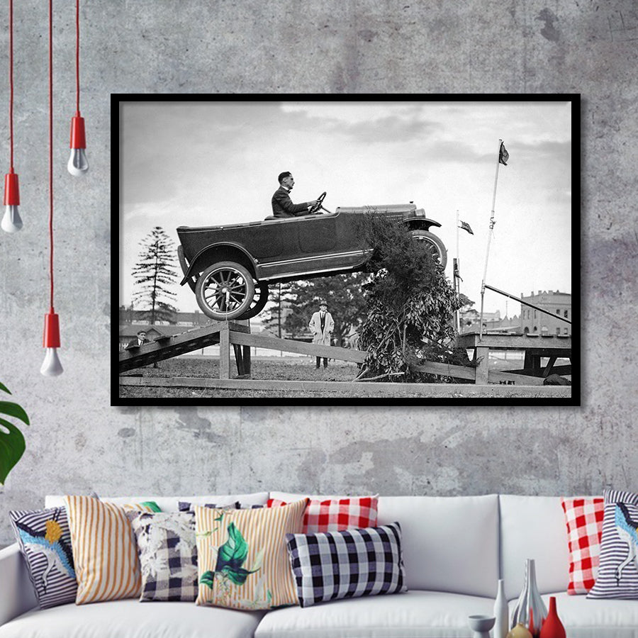 Car Jump Stunt Black And White Print, 1920'S Vintage Car Photo Framed Art Prints, Wall Art,Home Decor,Framed Picture