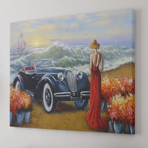 Car And Girl Painting Flowers Sea Ocean Romance Canvas Wall Art - Canvas Prints, Prints For Sale, Painting Canvas,Canvas On Sale