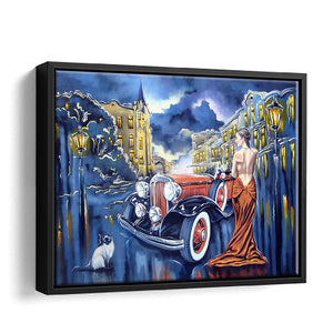 Car And Girl Paintings Art Old City Canvas Wall Art - Canvas Print, Framed Canvas, Painting Canvas