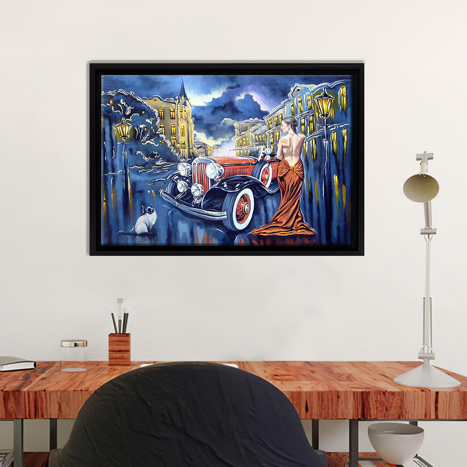 Car And Girl Paintings Art Old City Canvas Wall Art - Canvas Print, Framed Canvas, Painting Canvas