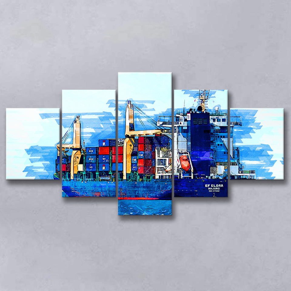 Cargo Ship 5 Pieces Canvas Prints Wall Art Decor - Painting Canvas, Mixed Canvas, Multi Panels