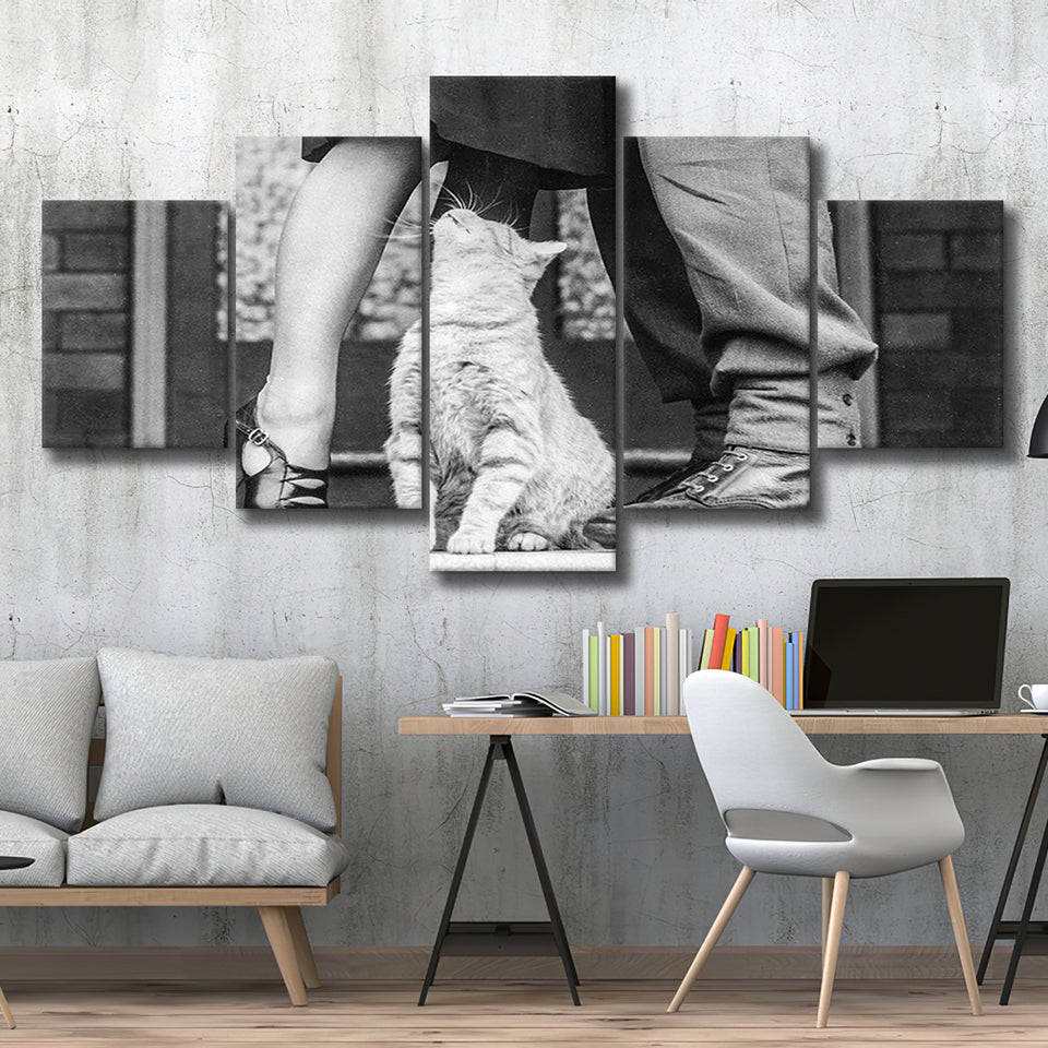Cat Lovers Black And White Print, Animal Lovers 5 Panels, Canvas Prints Wall Art Decor, Large Canvas Art