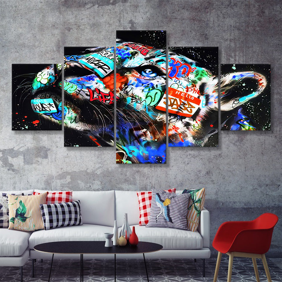 Cat Wildsleopard Graffiti Art Canvas 5 Pieces Prints Wall Art Decor - Painting Canvas, Multi Panels, Canvas Print