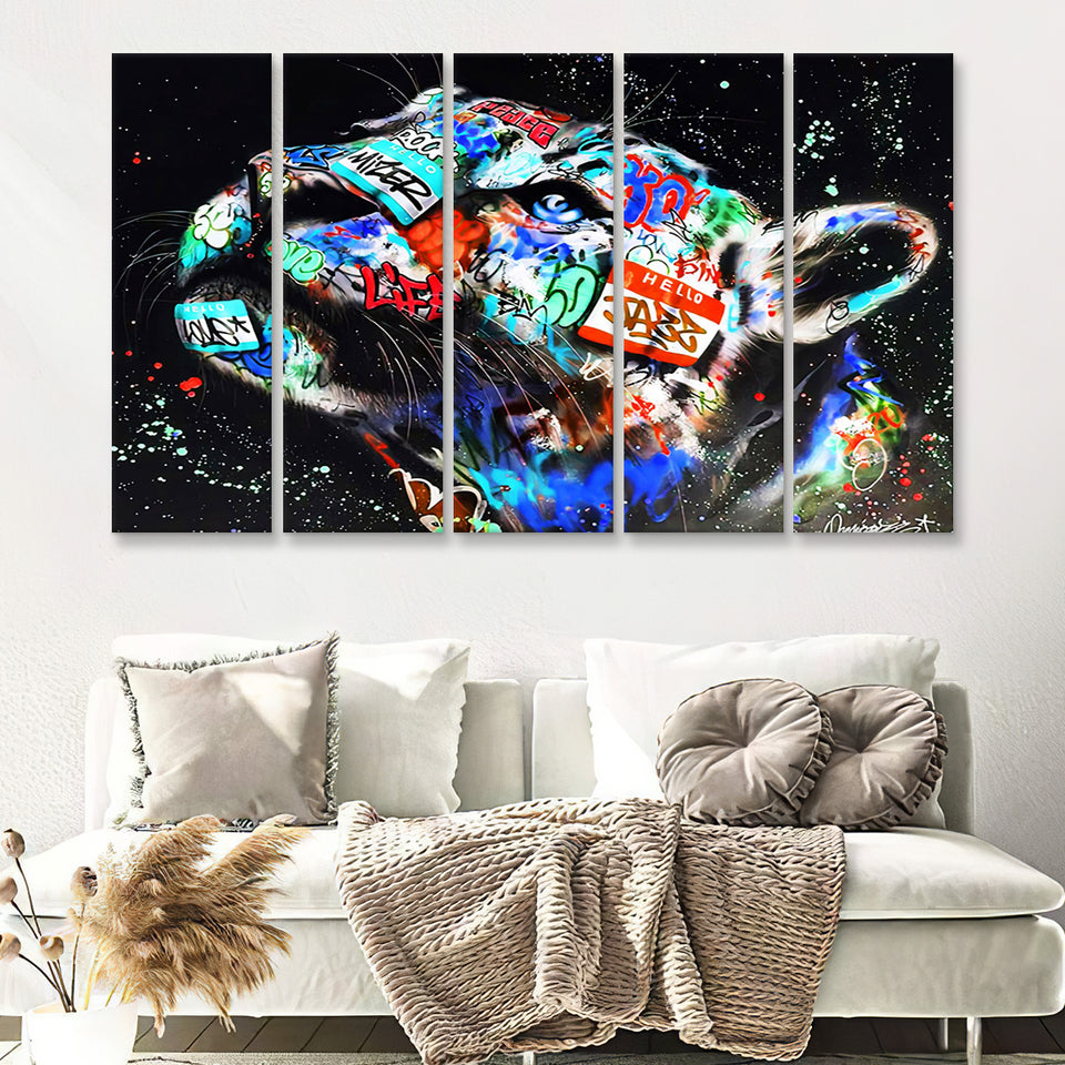 Cat Wildsleopard Graffiti Art Canvas 5 Piece B Prints Wall Art Decor - Painting Canvas, Multi Panels, Canvas Prints