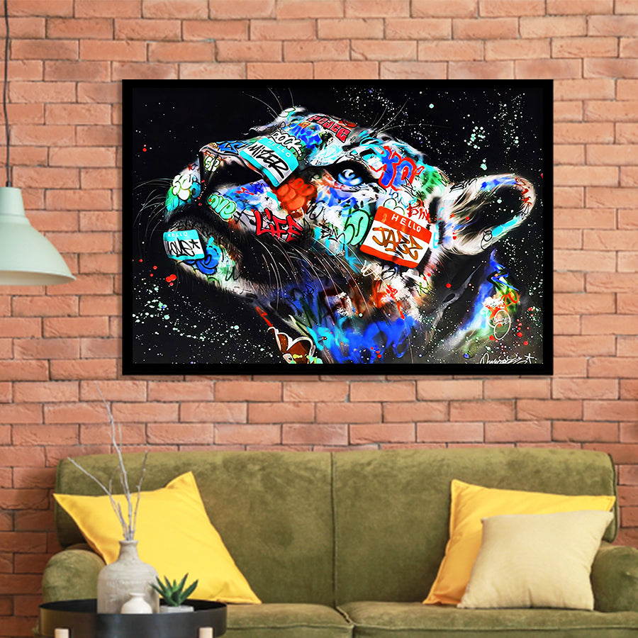 Cat Wildsleopard Graffiti Art Framed Art Print Wall Decor - Painting Art, Wall Art Decor, Framed Picture, Black Frame