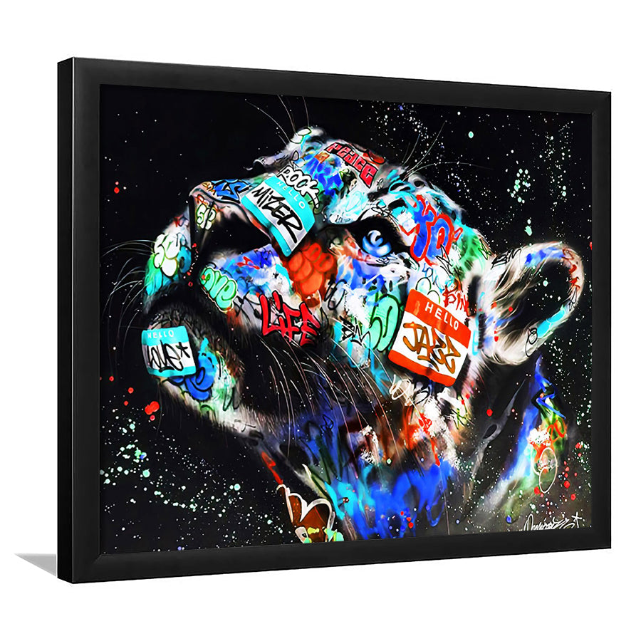 Cat Wildsleopard Graffiti Art Framed Art Print Wall Decor - Painting Art, Wall Art Decor, Framed Picture, Black Frame