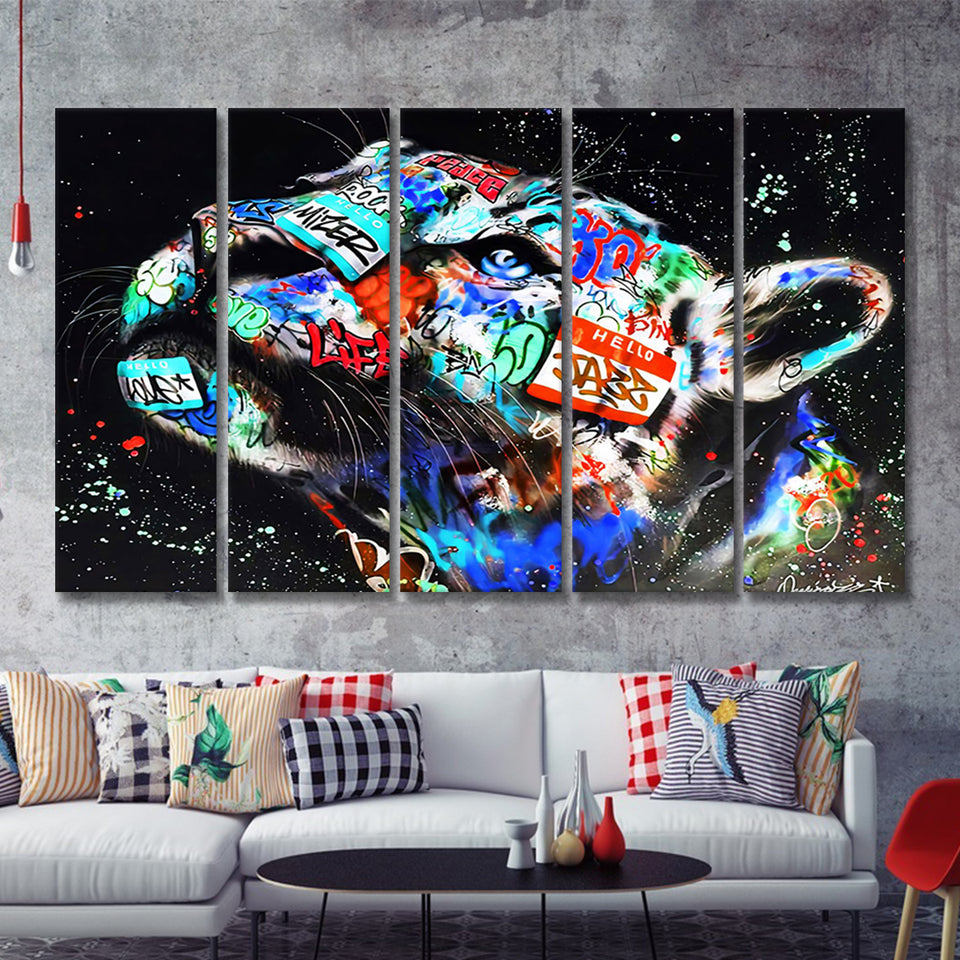 Cat Wildsleopard Graffiti Art Canvas 5 Piece B Prints Wall Art Decor - Painting Canvas, Multi Panels, Canvas Prints