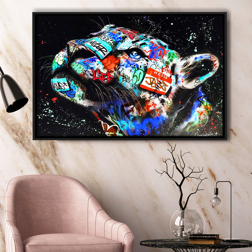 Cat Wildsleopard Graffiti Art Framed Canvas Prints Wall Art Decor - Painting Canvas, Floating Frame, Framed Picture