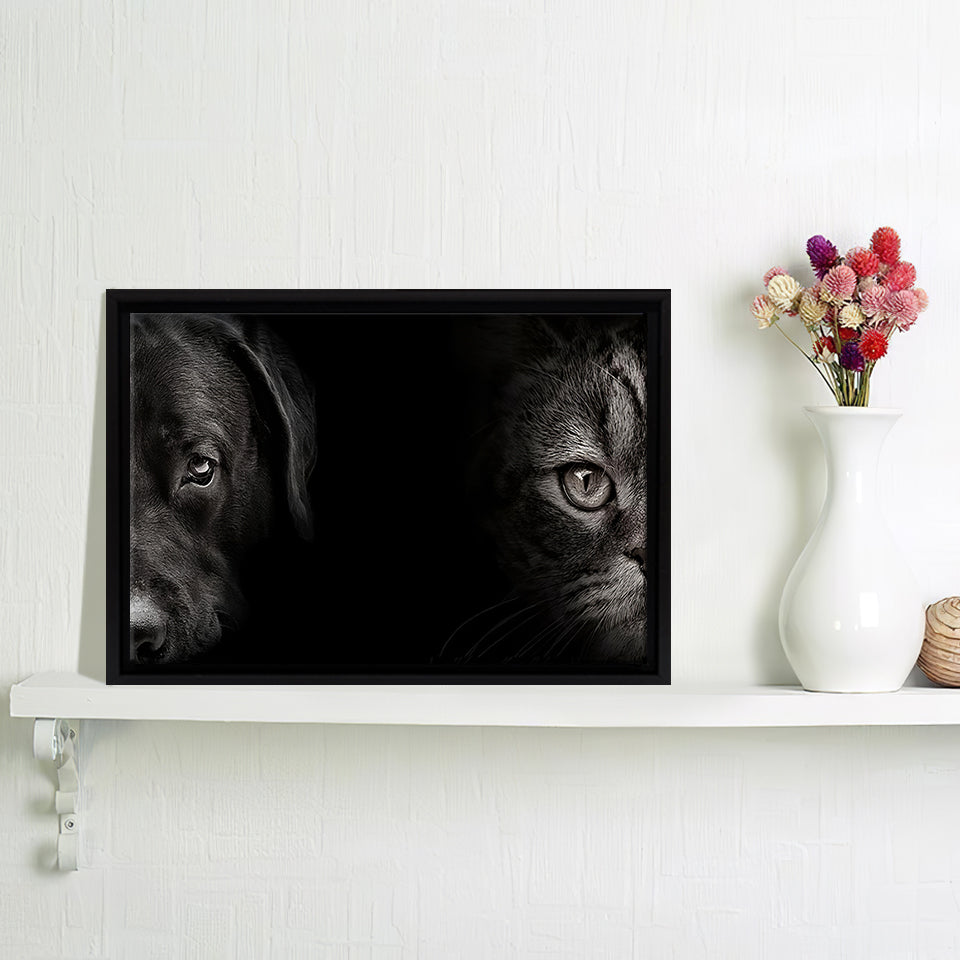 Cat And Dog Portrait Framed Canvas Wall Art - Framed Prints, Canvas Prints, Prints for Sale, Canvas Painting