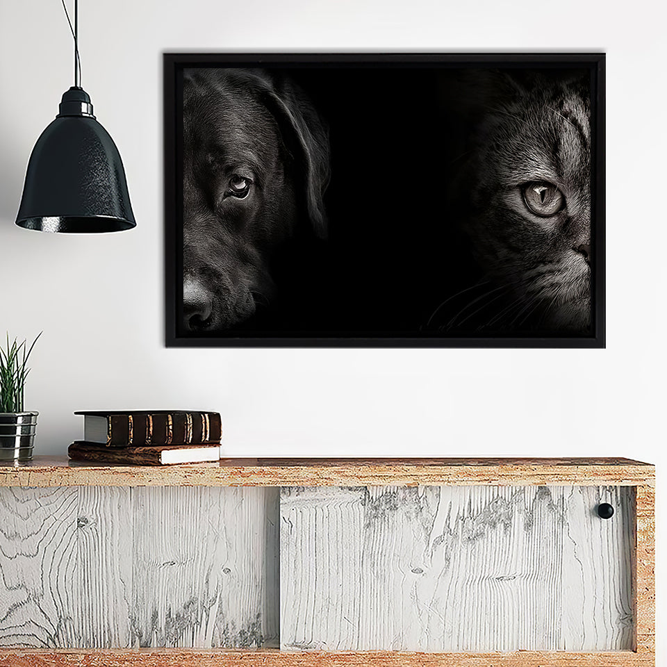Cat And Dog Portrait Framed Canvas Wall Art - Framed Prints, Canvas Prints, Prints for Sale, Canvas Painting