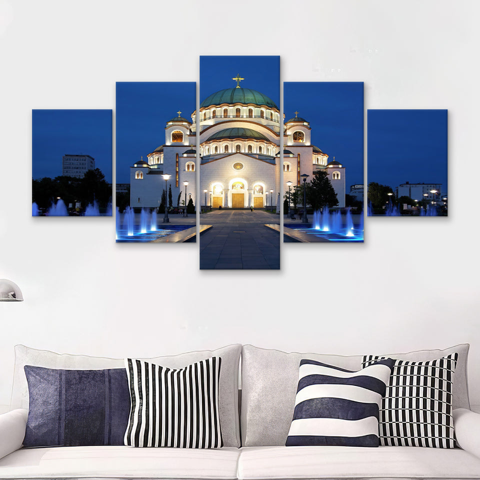Cathedral of Saint Sava at evening Belgrade Serbia 5 Pieces Canvas Prints Wall Art - Painting Canvas, Multi Panels, Wall Decor